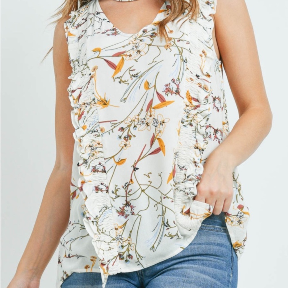 Floral Ruffle Sleeveless Top - Cream